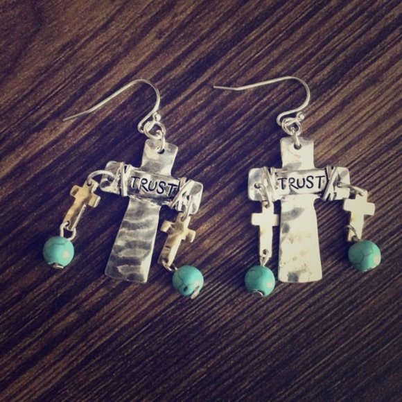 5/$25 SALE - NEW Trust Cross Turquoise Earrings - Picture 2 of 4